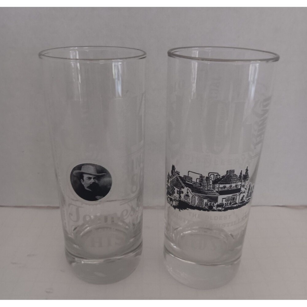 Pair Jack Daniels Old No.7 Distillery 6" Highball Glasses Silver Rimmed Barware